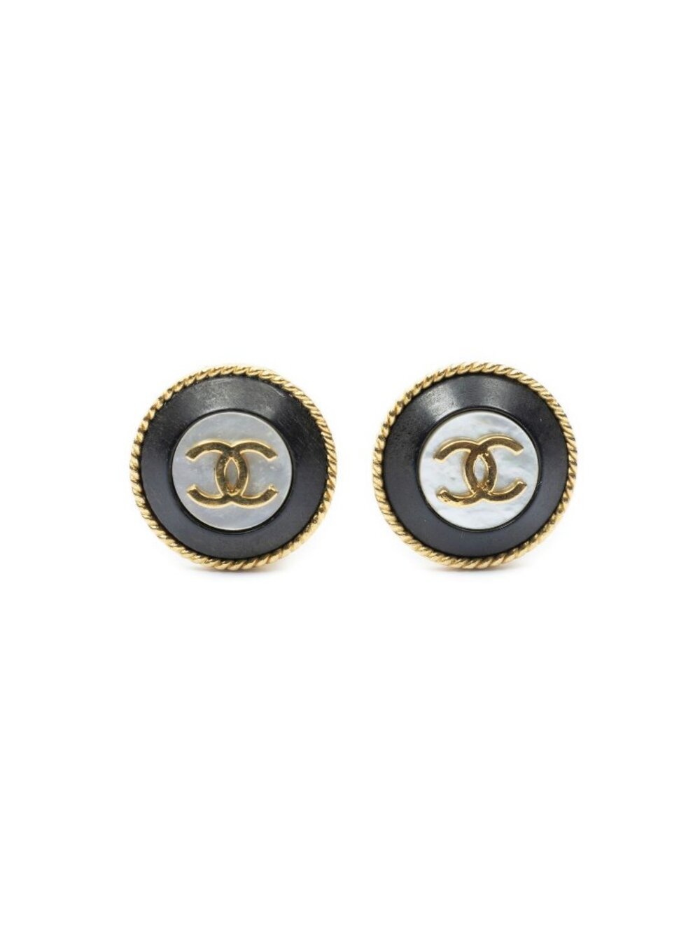 Chanel CC Logo Round Clip-On Earrings Dark Brown White Gold Plated